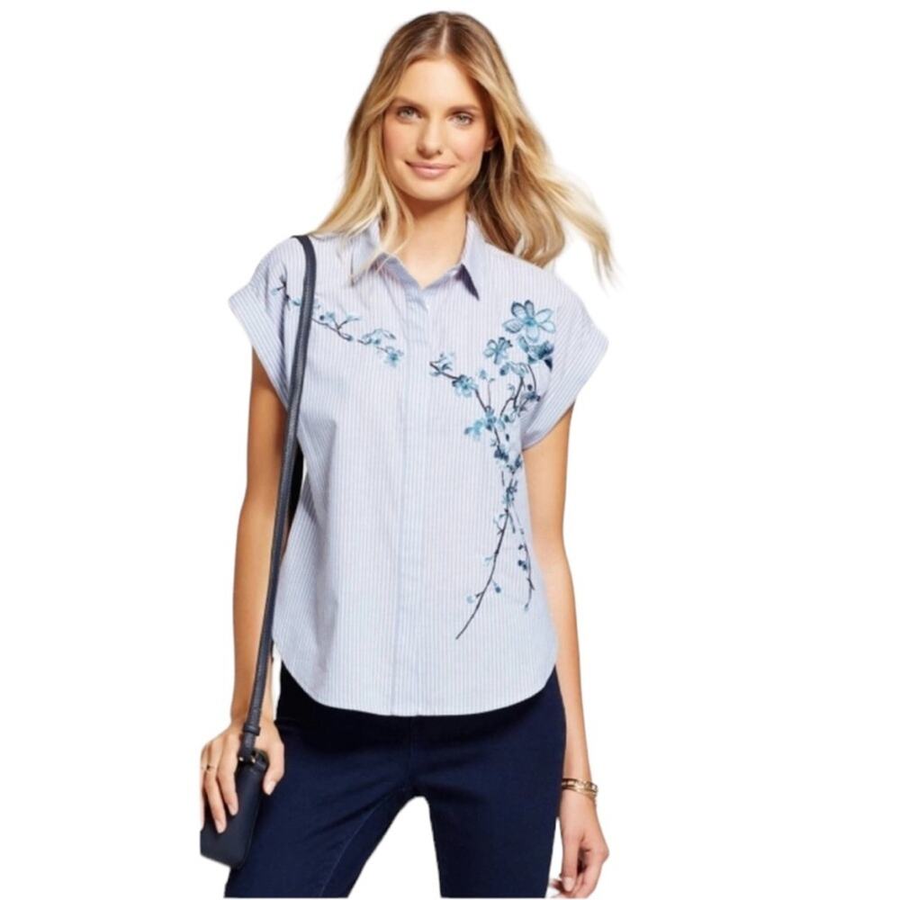 A NEW DAY / blue floral embroidered striped button front shirt XL new with tag